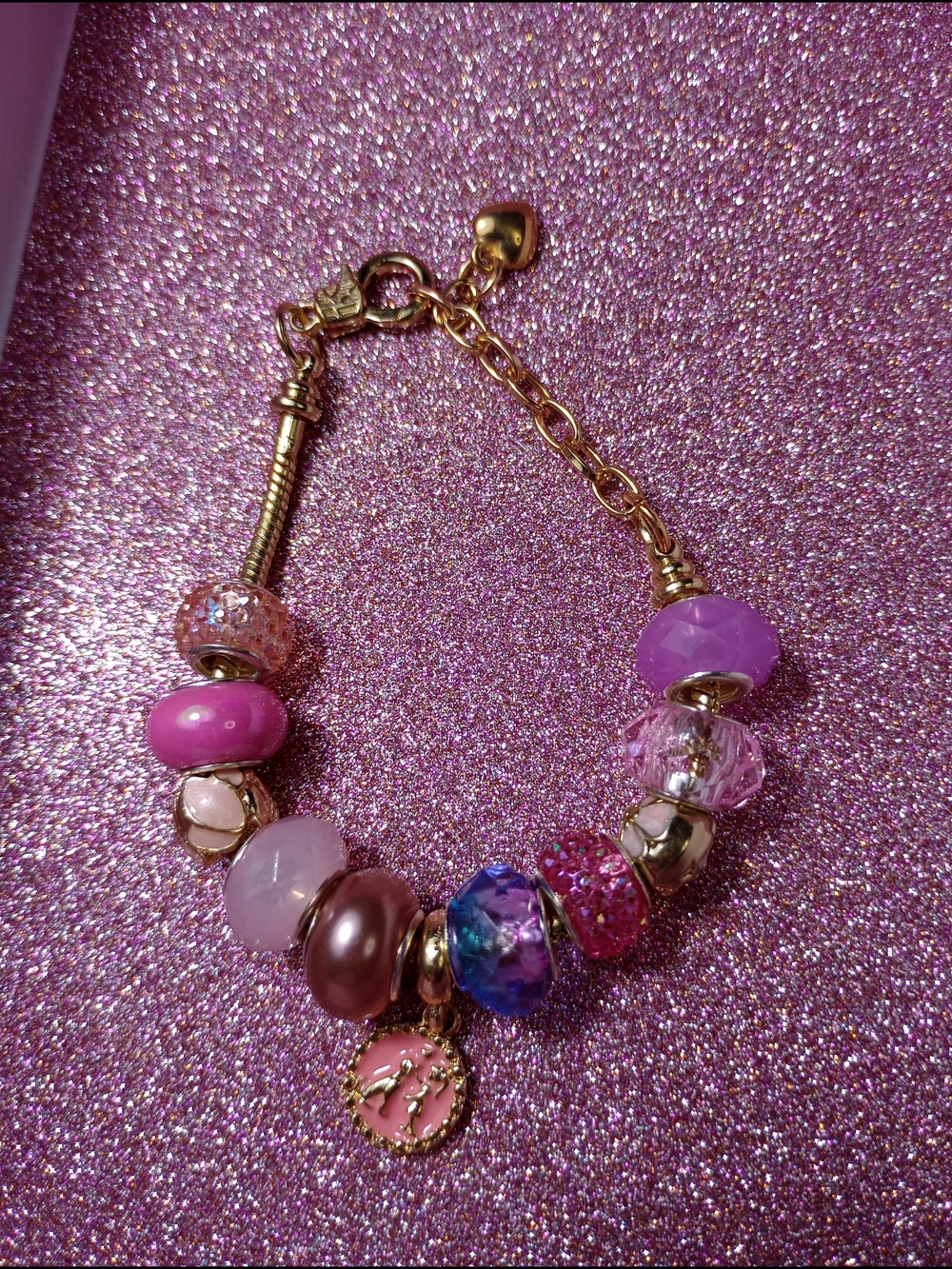 Pandora Style Gold Pink Charm Bracelet with Mixed Pink Beads